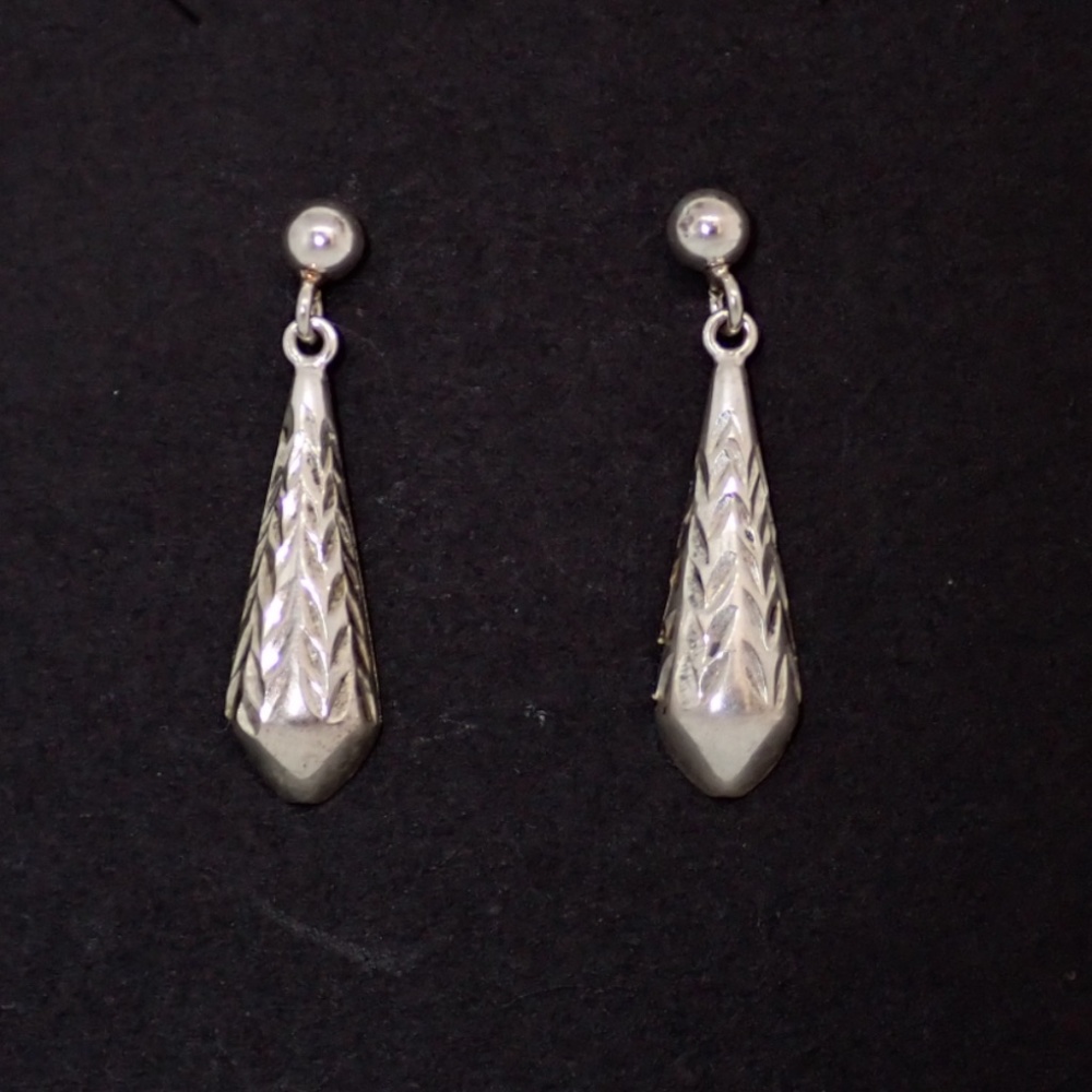 Sterling Silver Diamond-cut Signed Teardrop Dangle Post Earrings 1.25" Drop